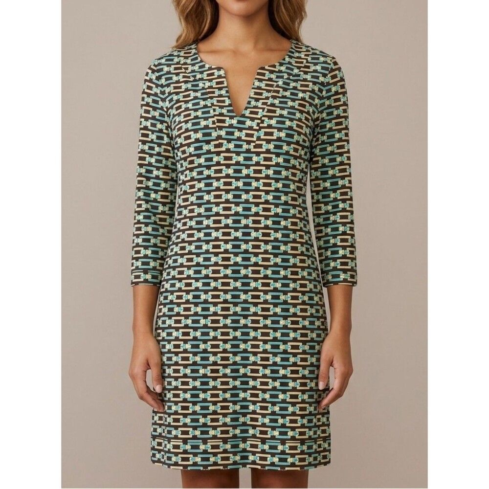 Jude Connally Dress Medium Brown Teal Geometric Chain Link V-Neck 3/4 Sleeve USA